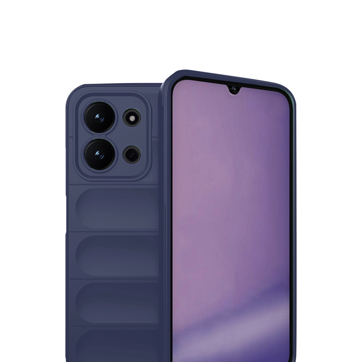Yivli ve lensli lacivert telefon kılıfı. Beyaz zeminde.