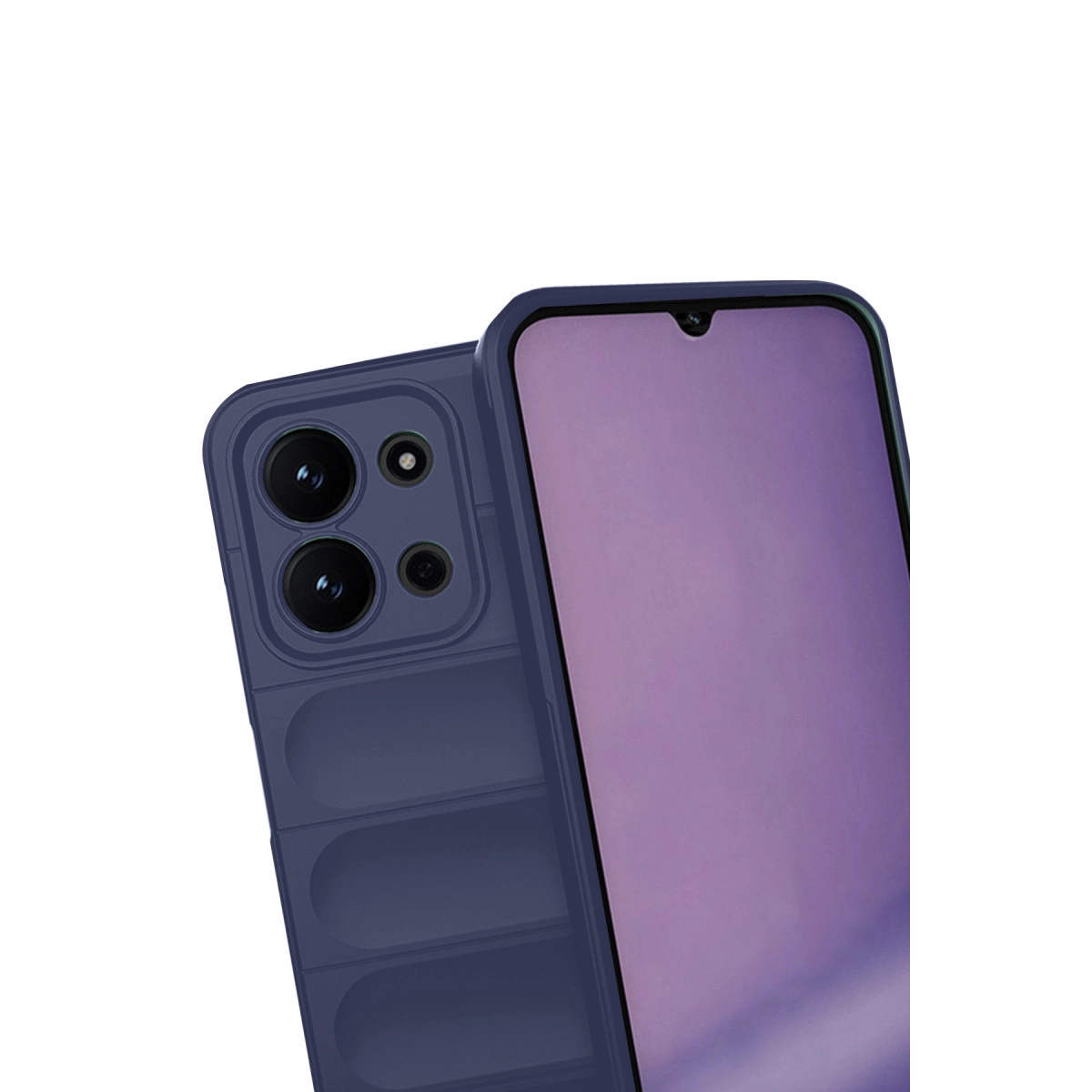 Kamera kesimli, mat mor ekran yüzeyli koyu mavi telefon kılıfı.