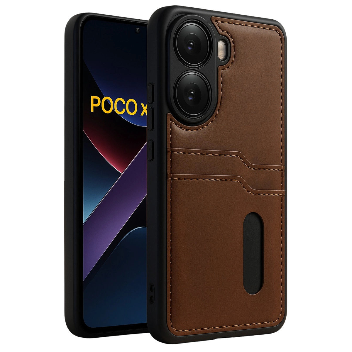Kart yuvalı kahverengi telefon kılıfı ve ekranda POCO X logosu.