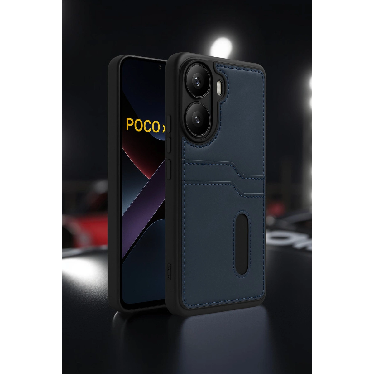 Kart yuvalı lacivert telefon kılıfı ve Poco telefon.