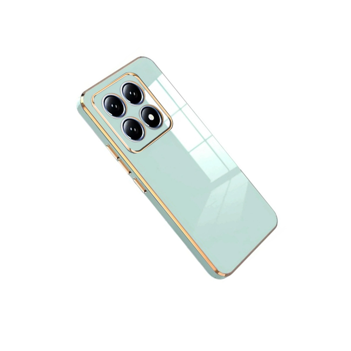 Dört kameralı, altın kenarlı açık yeşil telefon kılıfı.
