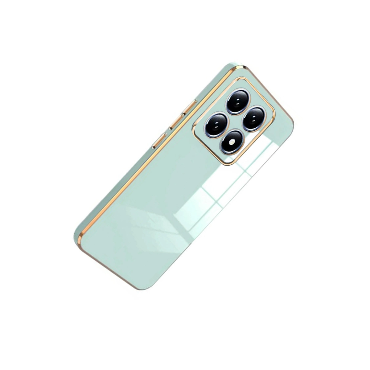Dört kameralı, altın çerçeveli açık yeşil telefon kılıfı, beyaz arka plan üzerinde.
