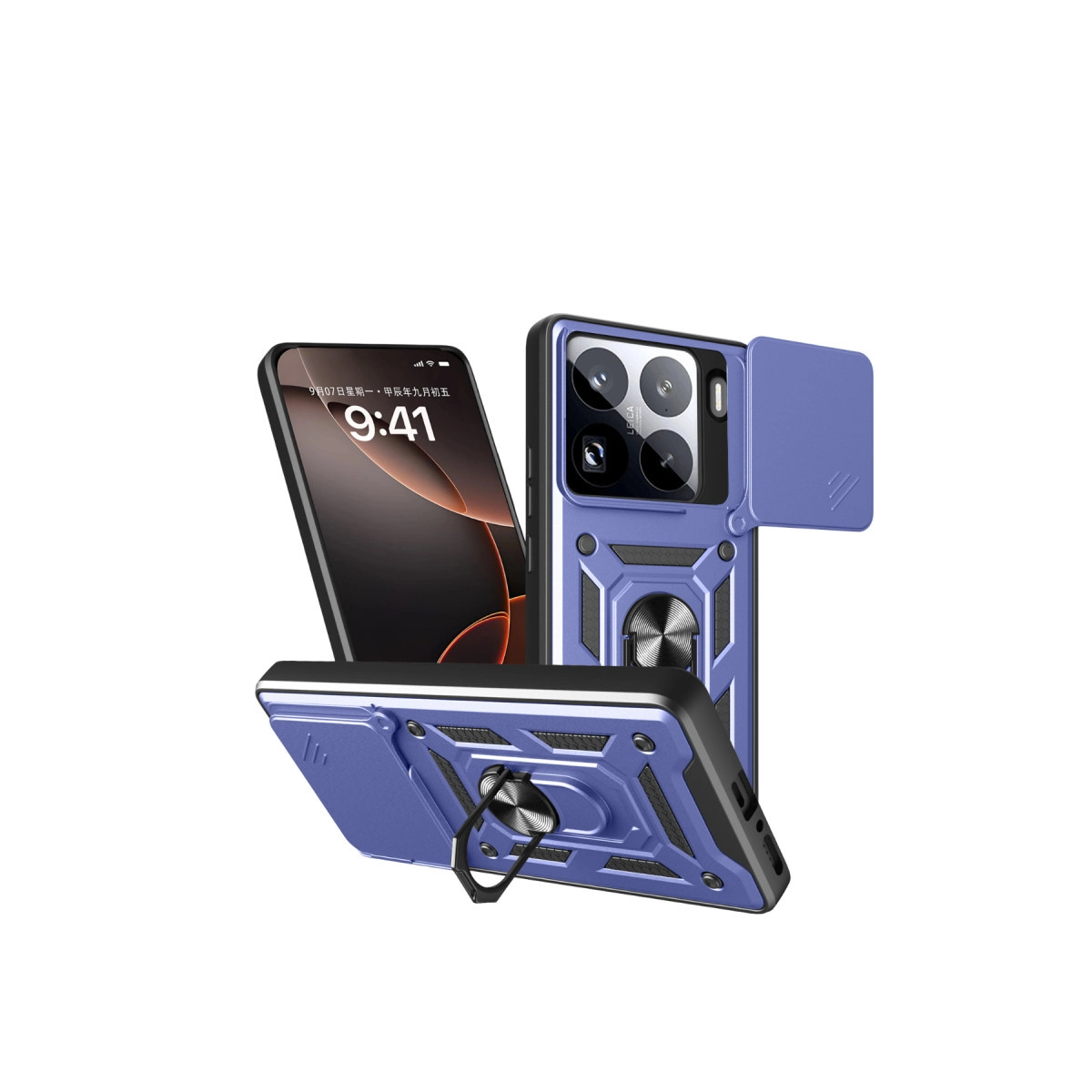Beyaz arka plan üzerinde halka tutuculu mor telefon kılıfı gösterilmektedir.