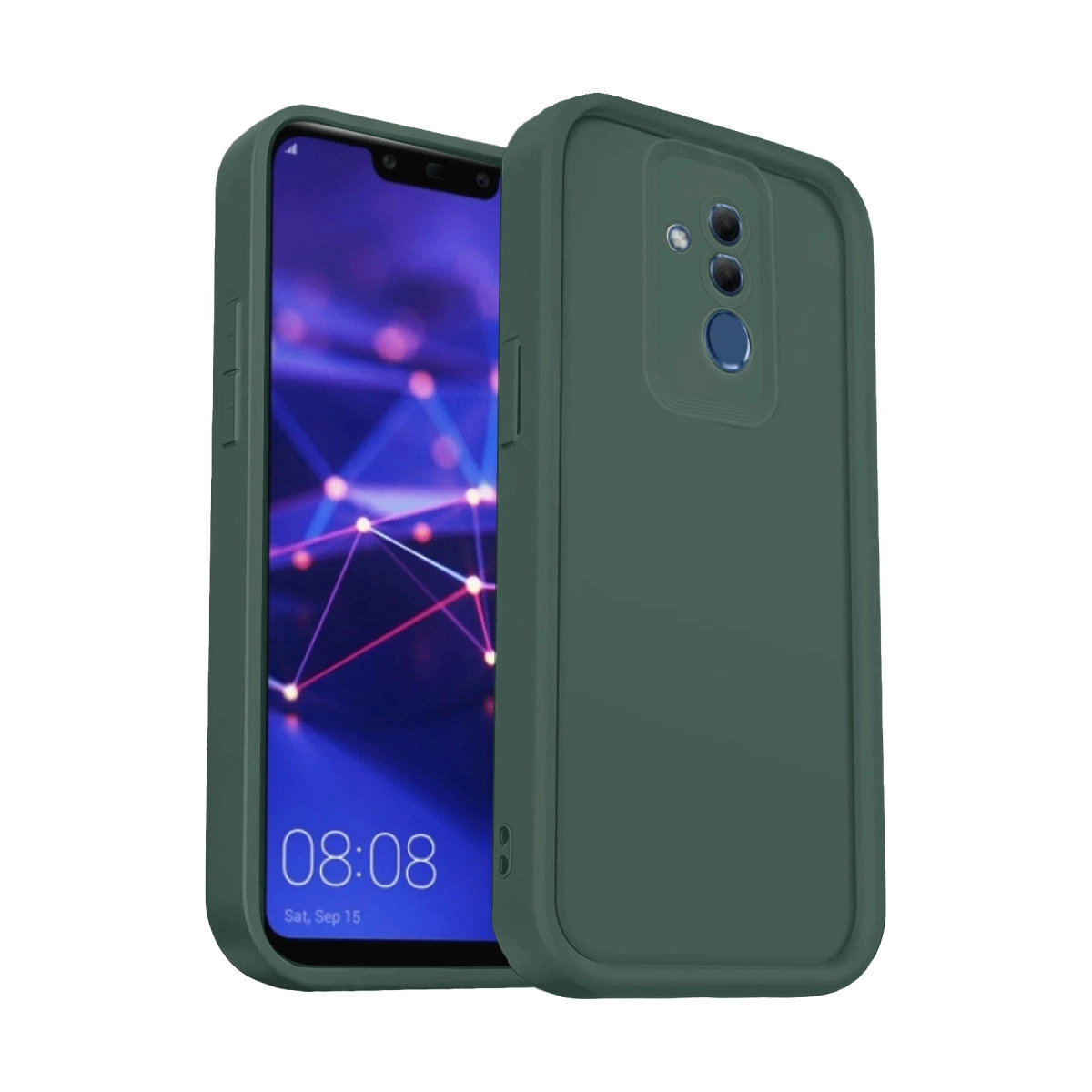 Üçlü arka kameraya ve ekrana sahip koyu yeşil telefon kılıfı.