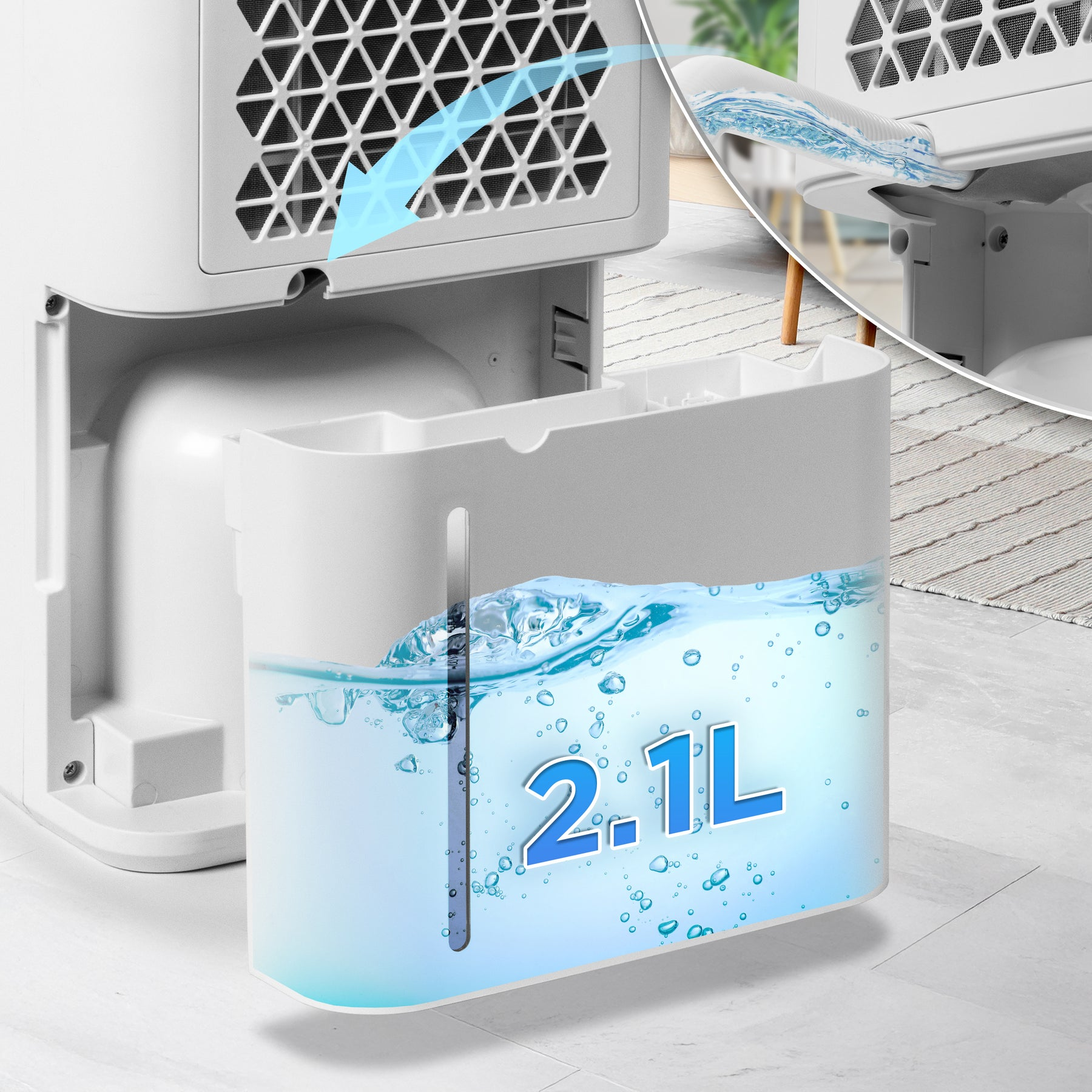 Ein weißer Entfeuchter mit einem gefüllten 2,1L Wassertank und einem blauen Pfeil.