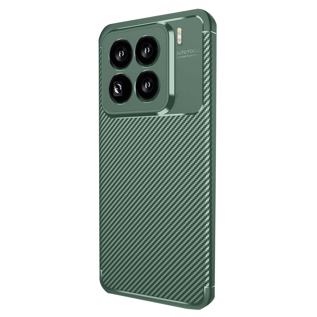 Karbon fiber desenli ve dört kamera lensli yeşil telefon kılıfı.