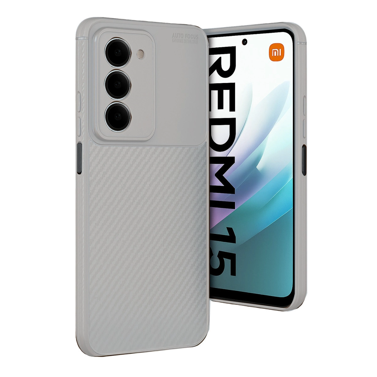 Karbon desenli ve kamera oyuklu gri telefon kılıfı, bir akıllı telefonun yanında.