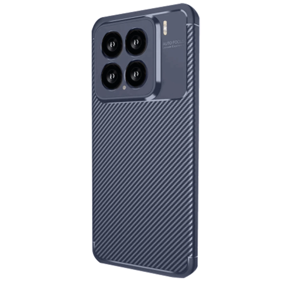 Karbon desenli kılıflı, dört kameralı lacivert telefon.