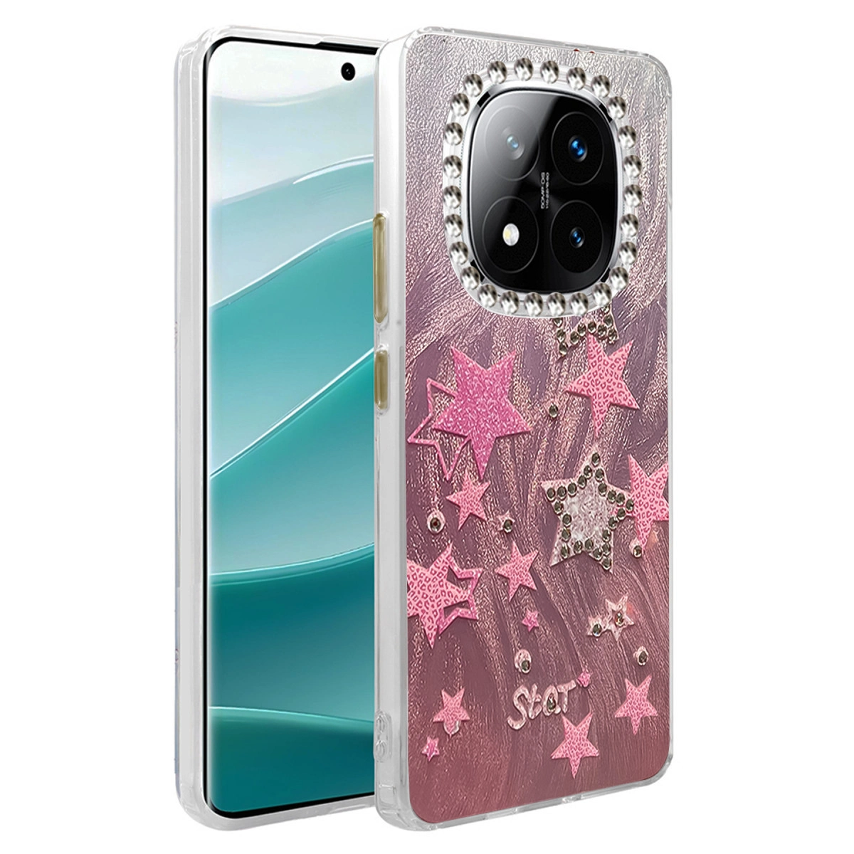 Yıldız ve taşlarla süslenmiş pembe telefon kılıfı.