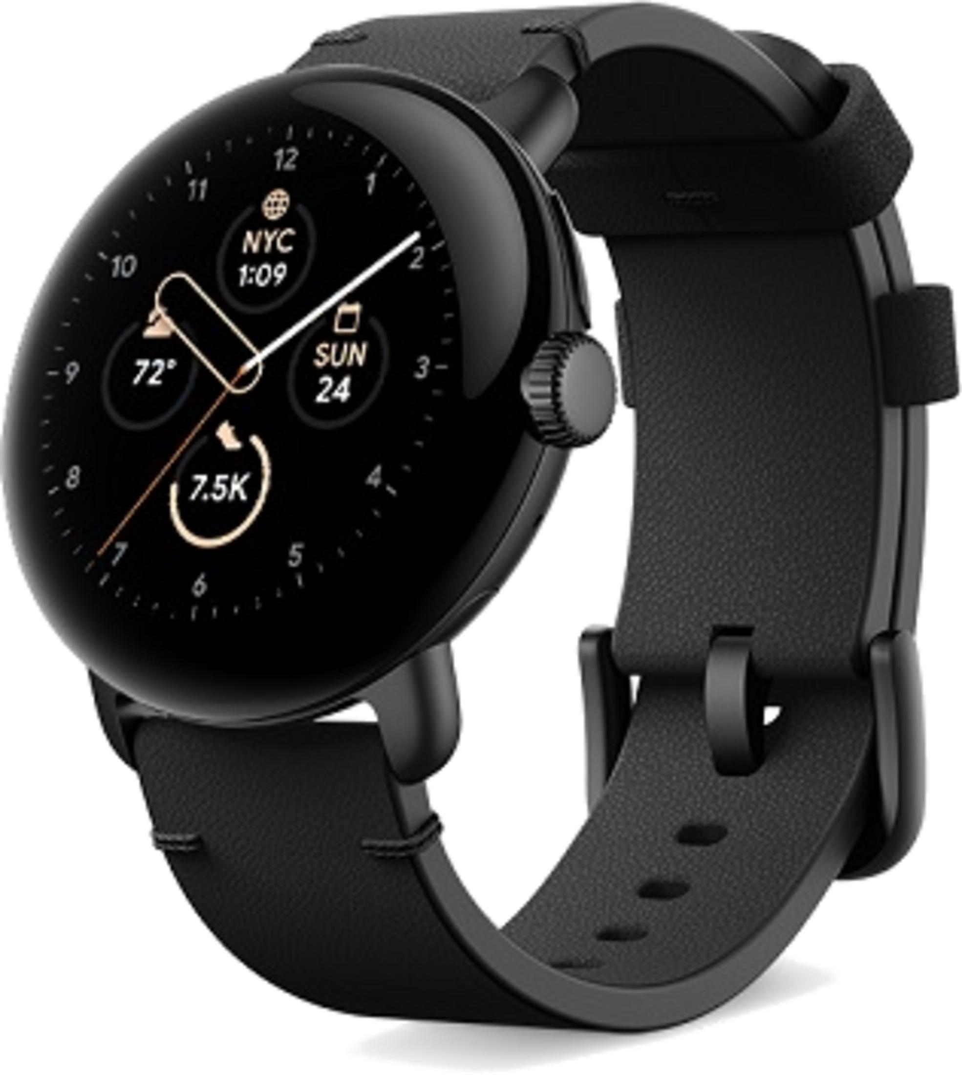 Reloj inteligente negro con correa de cuero, muestra hora, fecha y pasos.