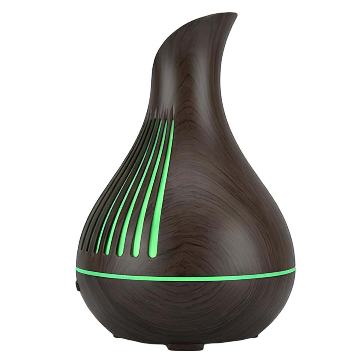 Diffusore marrone scuro venato legno con luci verdi.