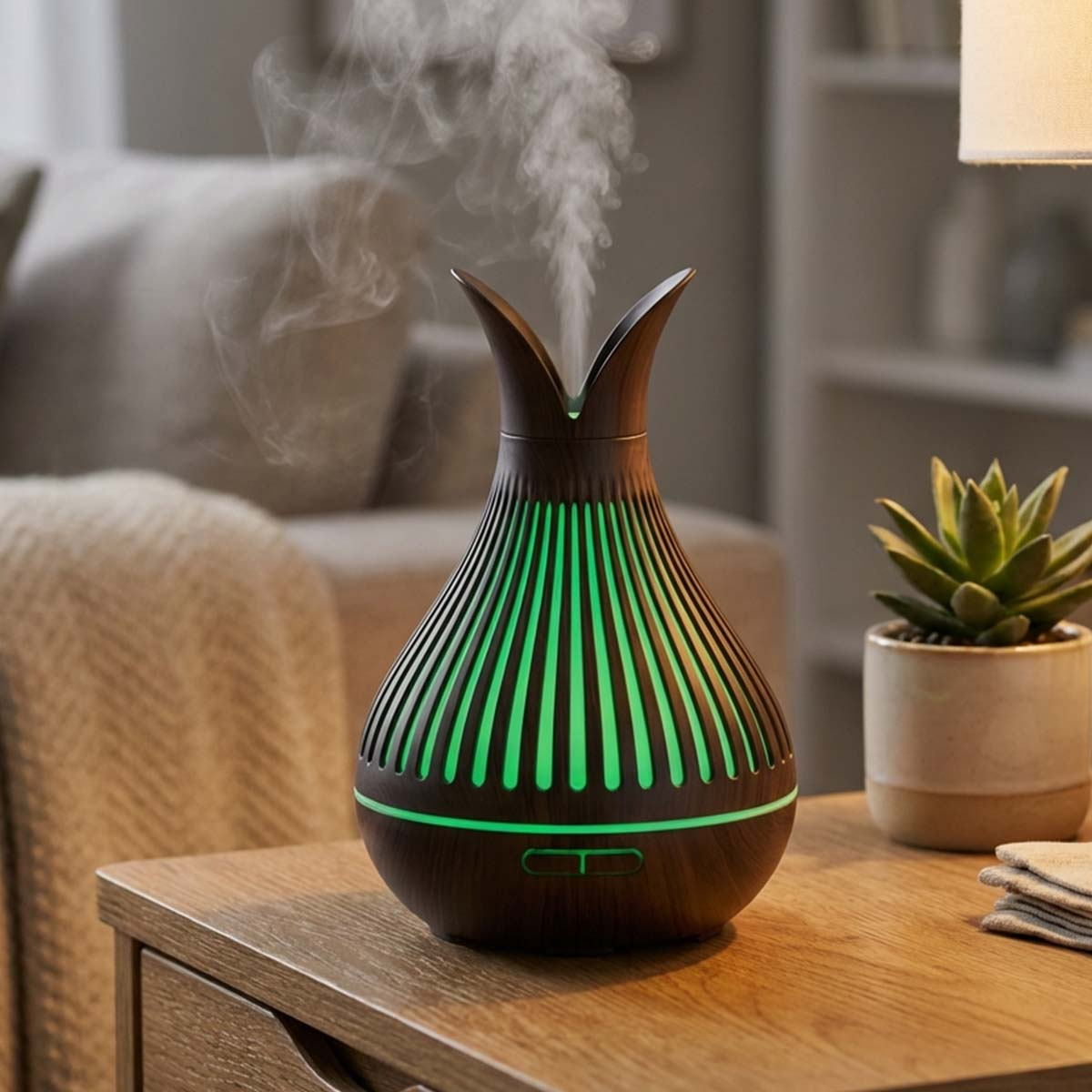 Un diffusore scuro con illuminazione verde emette vapore.