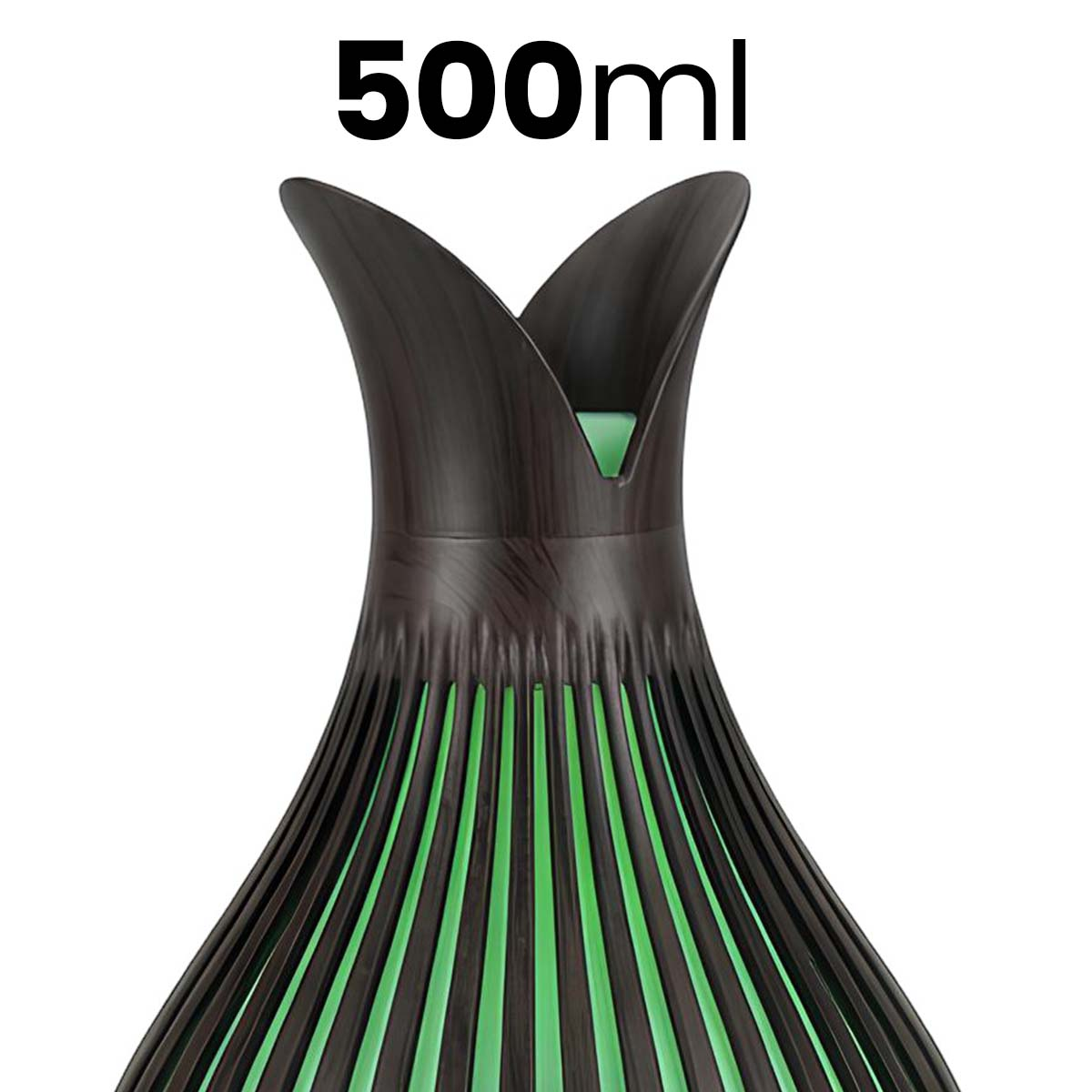 Un diffusore con venature di legno scuro e illuminazione verde.