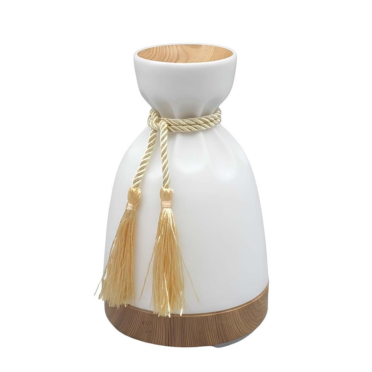Vaso bianco con coperchio in legno, nappe dorate e corda legata.