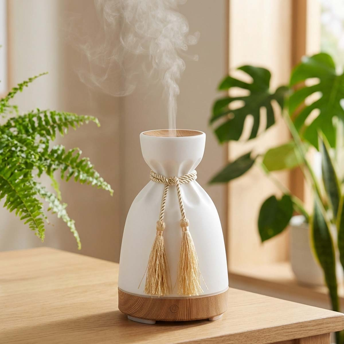 Un diffusore bianco con base in legno emette vapore, circondato da piante.