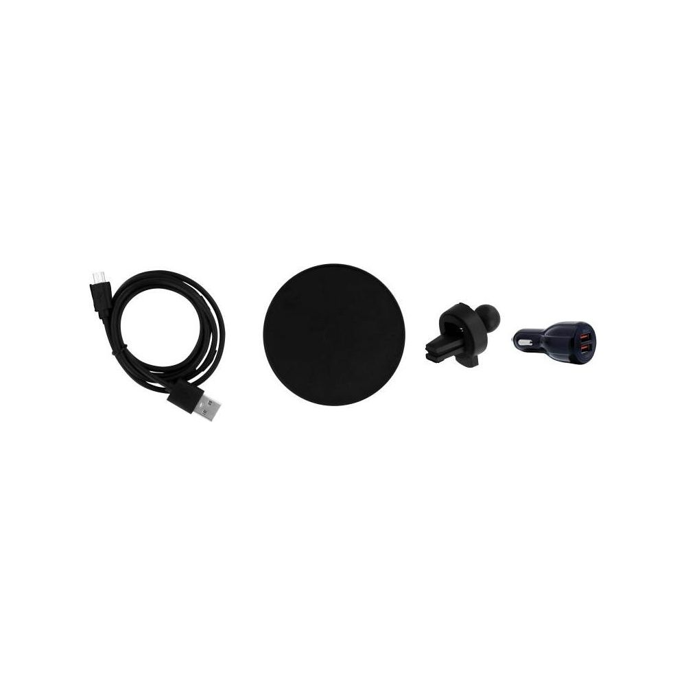 Schwarzes USB-Kabel, runde Basis, Lüftungshalterung und Dual-USB-Autoladegerät.