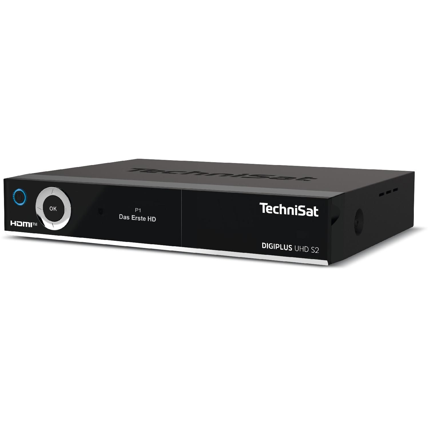 Un ricevitore TechniSat DIGIPLUS UHD S2 nero con porta HDMI e pulsante OK.
