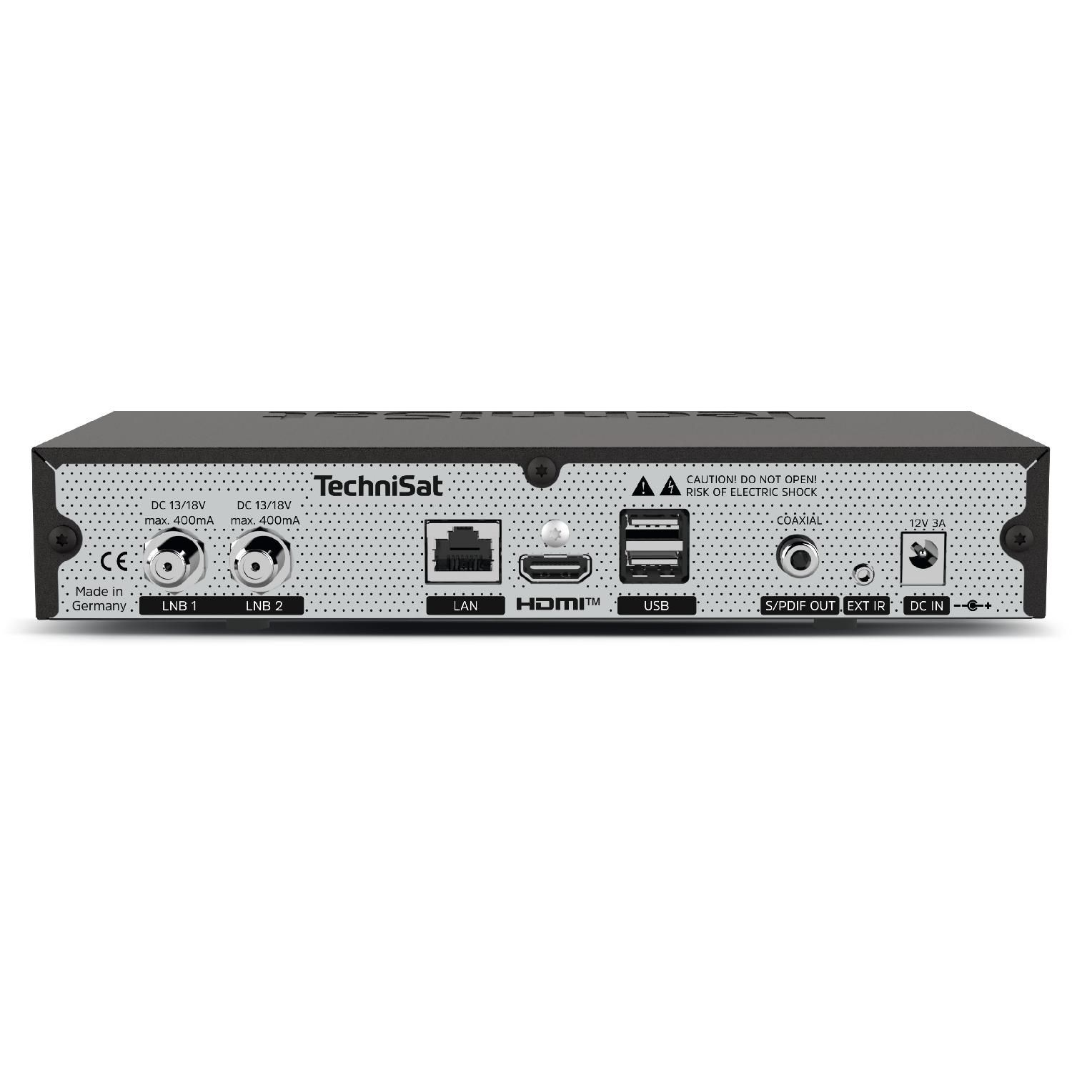 Retro di un ricevitore TechniSat con porte LNB 1/2, LAN, HDMI, USB, S/PDIF, EXT IR, DC IN.