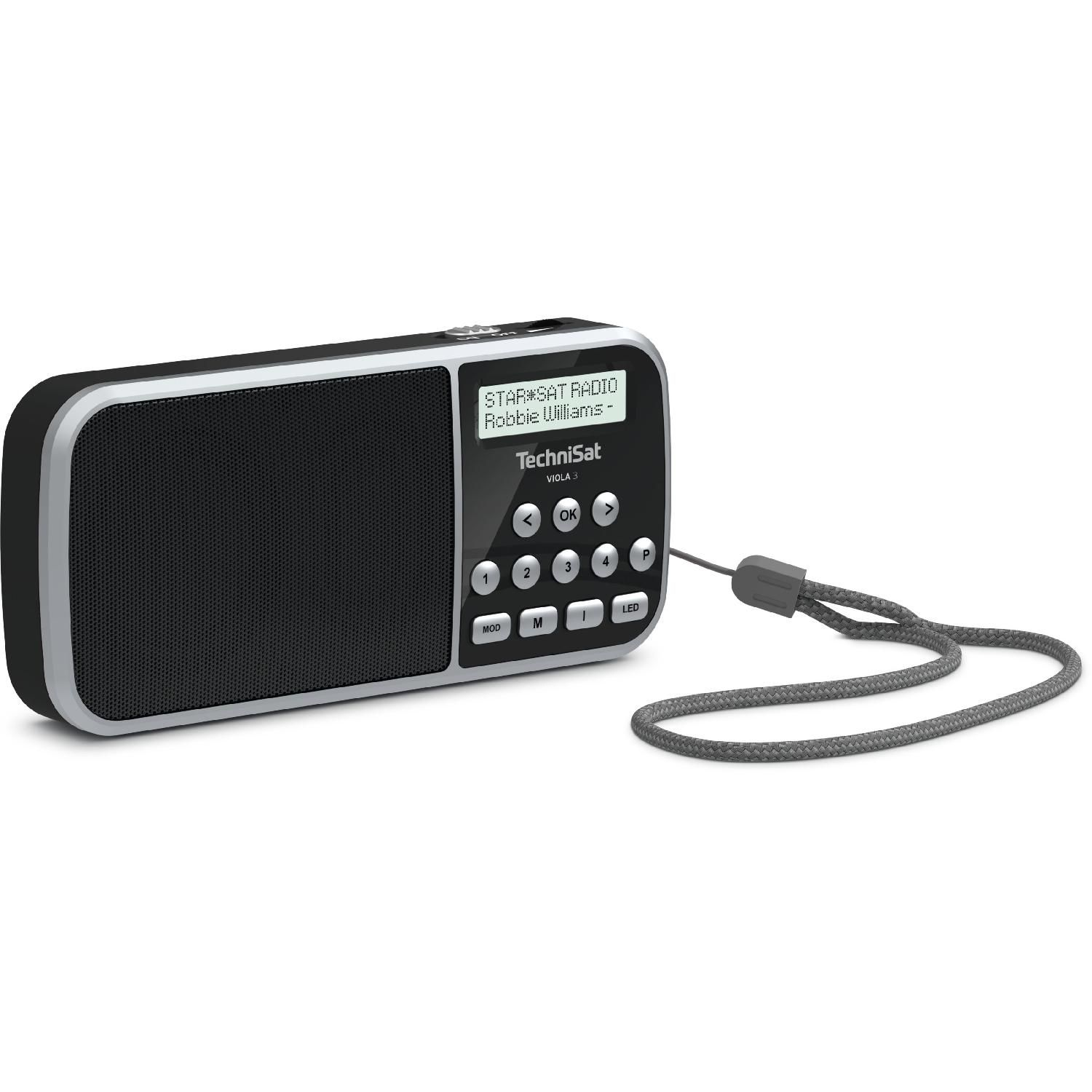 Ein schwarzer tragbarer Radio mit silbernem Rand und Schnur.