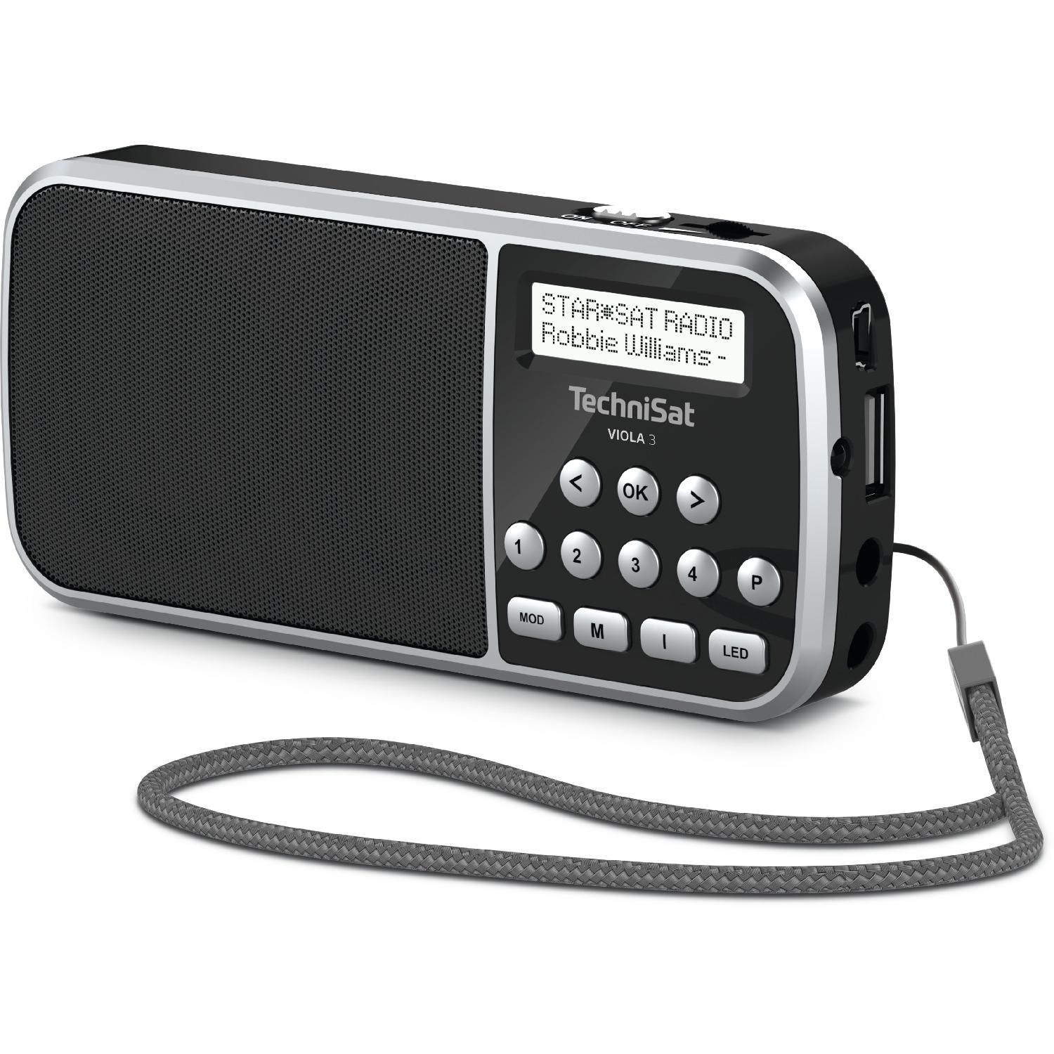 Ein schwarzer TechniSat Viola 3 Radiowecker mit silbernem Rand und Lanyard.