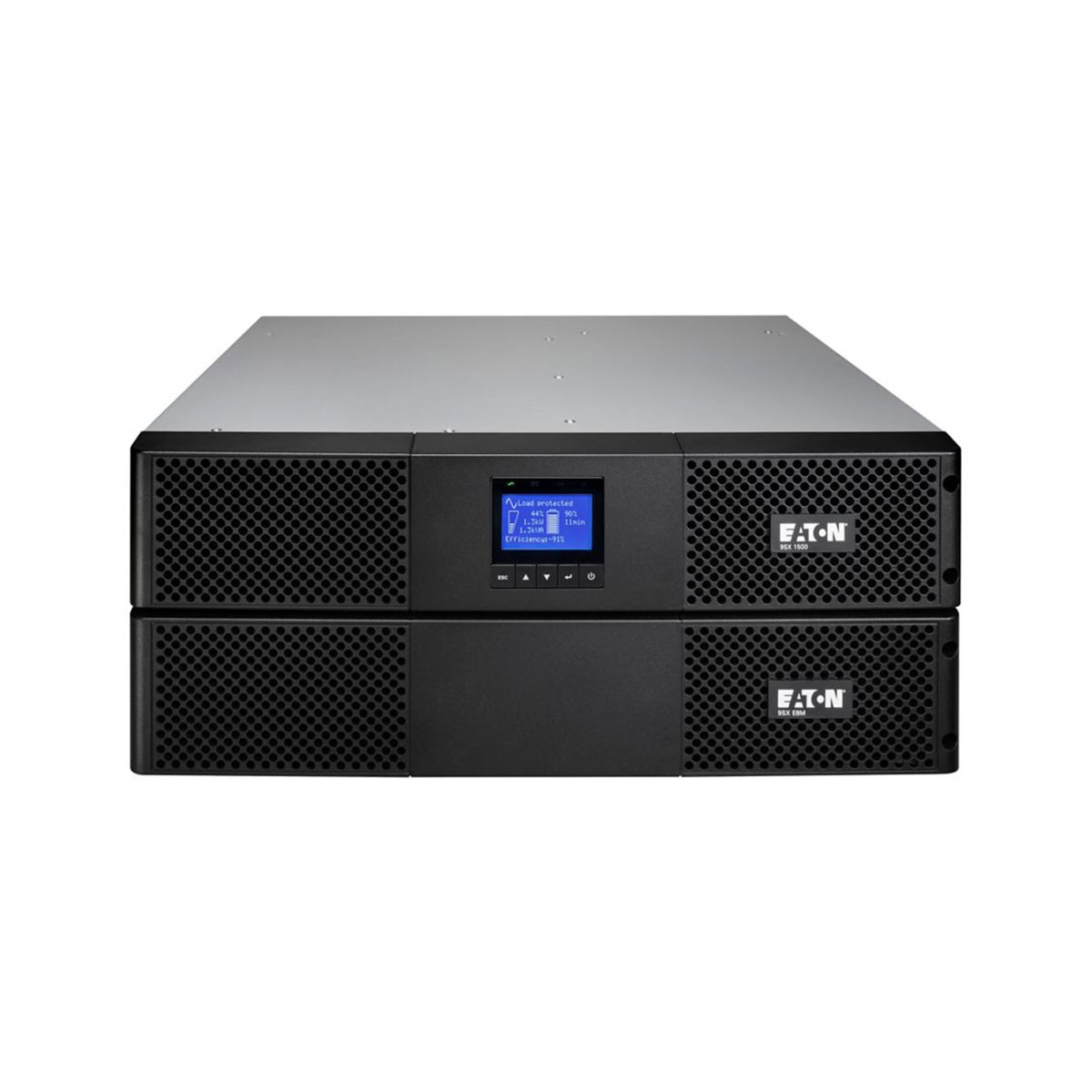 Due UPS Eaton neri impilati, con display e pulsanti di controllo.
