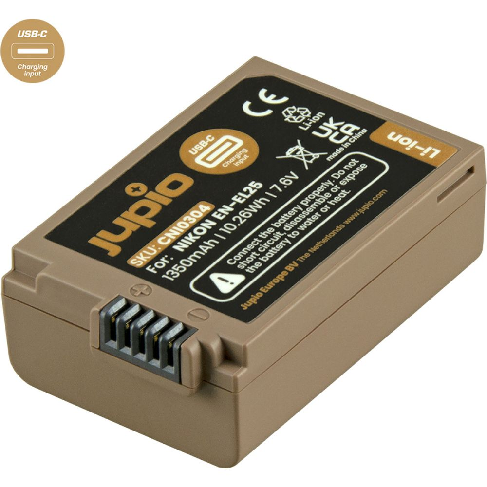 Una batteria Jupio marrone per fotocamere Nikon con ricarica USB-C.