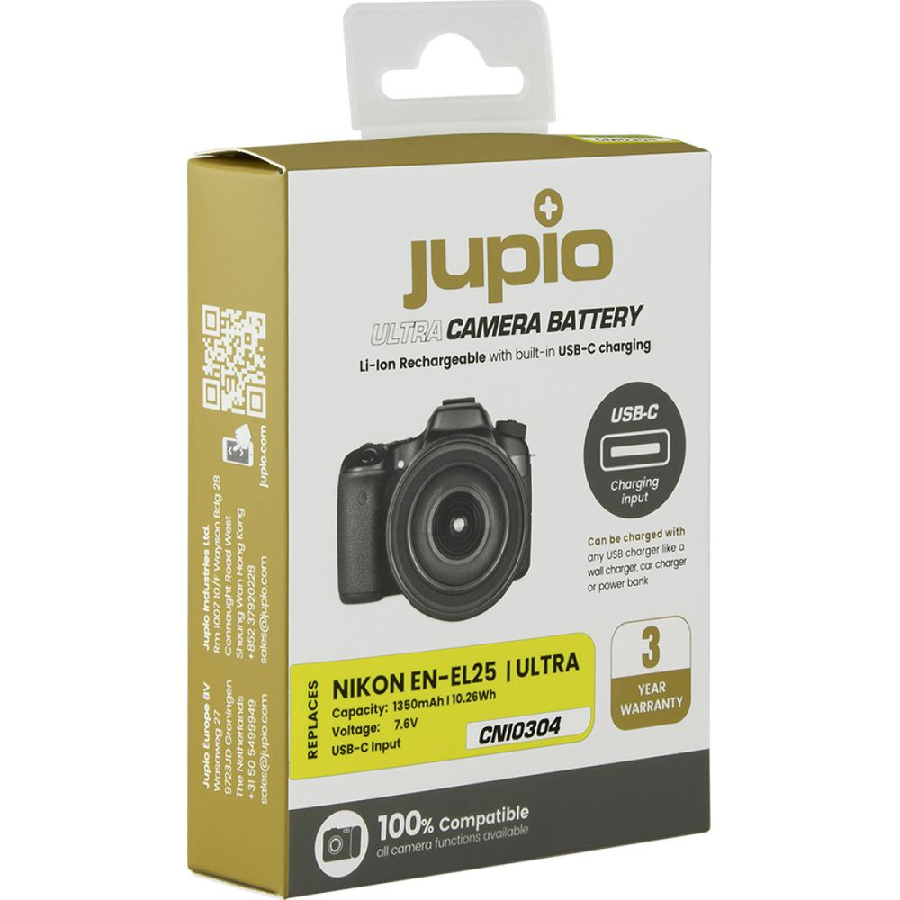 Scatola Jupio Ultra Camera Battery con dettagli Nikon EN-EL25, ricarica USB-C e garanzia 3 anni.