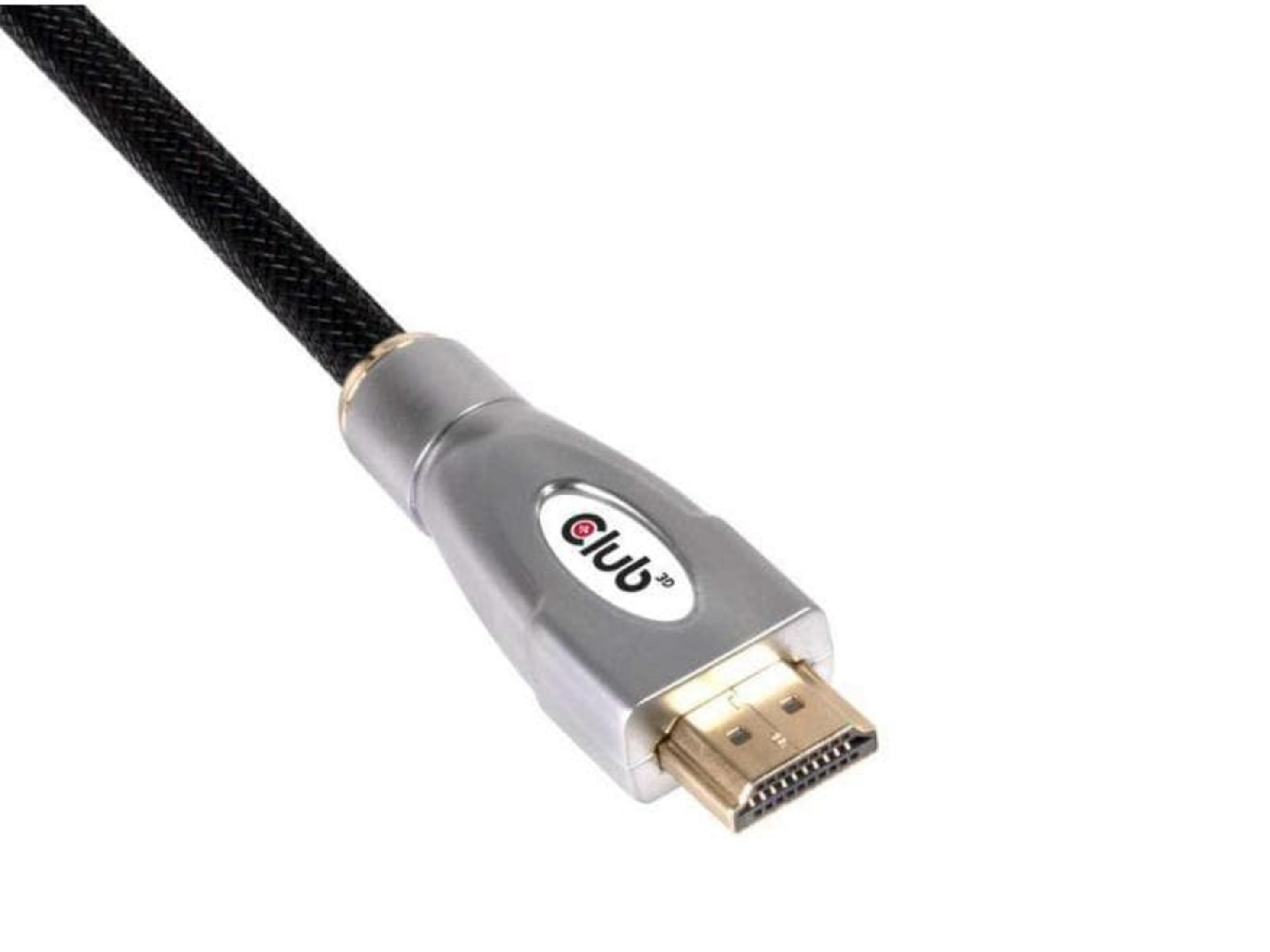 Ein HDMI-Kabel mit silbernem Stecker und schwarzem Geflechtkabel.