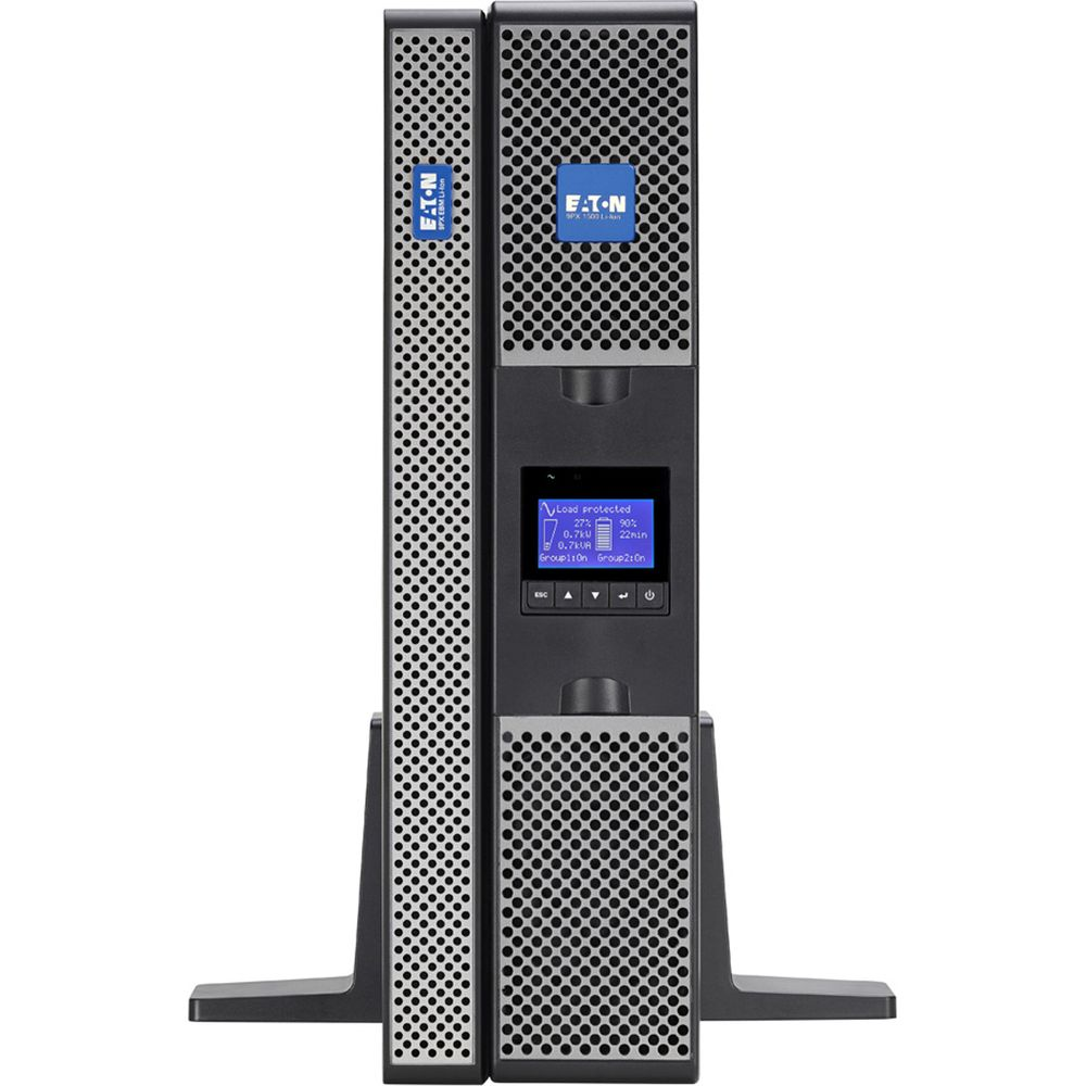 Zwei weiße Eaton USV-Geräte mit Lüftungsgitter und LCD-Bildschirm.