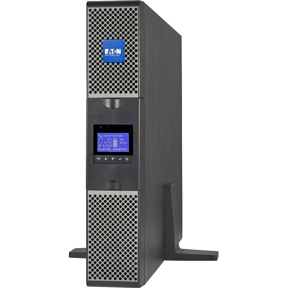 Ein schwarzer Eaton USV-Turm mit blauem Logo und LCD-Bildschirm.