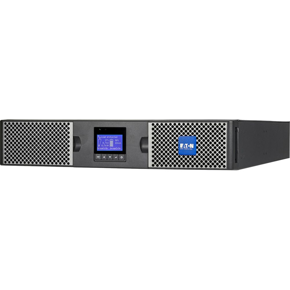 Ein schwarzes Eaton USV-Gerät mit blauem Logo und LCD-Display.