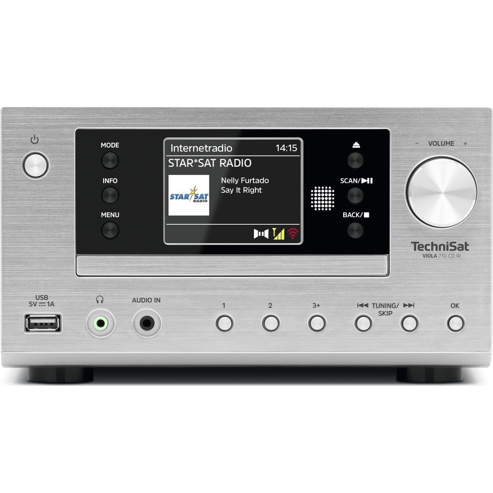 Silbernes TechniSat Radio mit Display, das Internetradio STAR*SAT RADIO zeigt.
