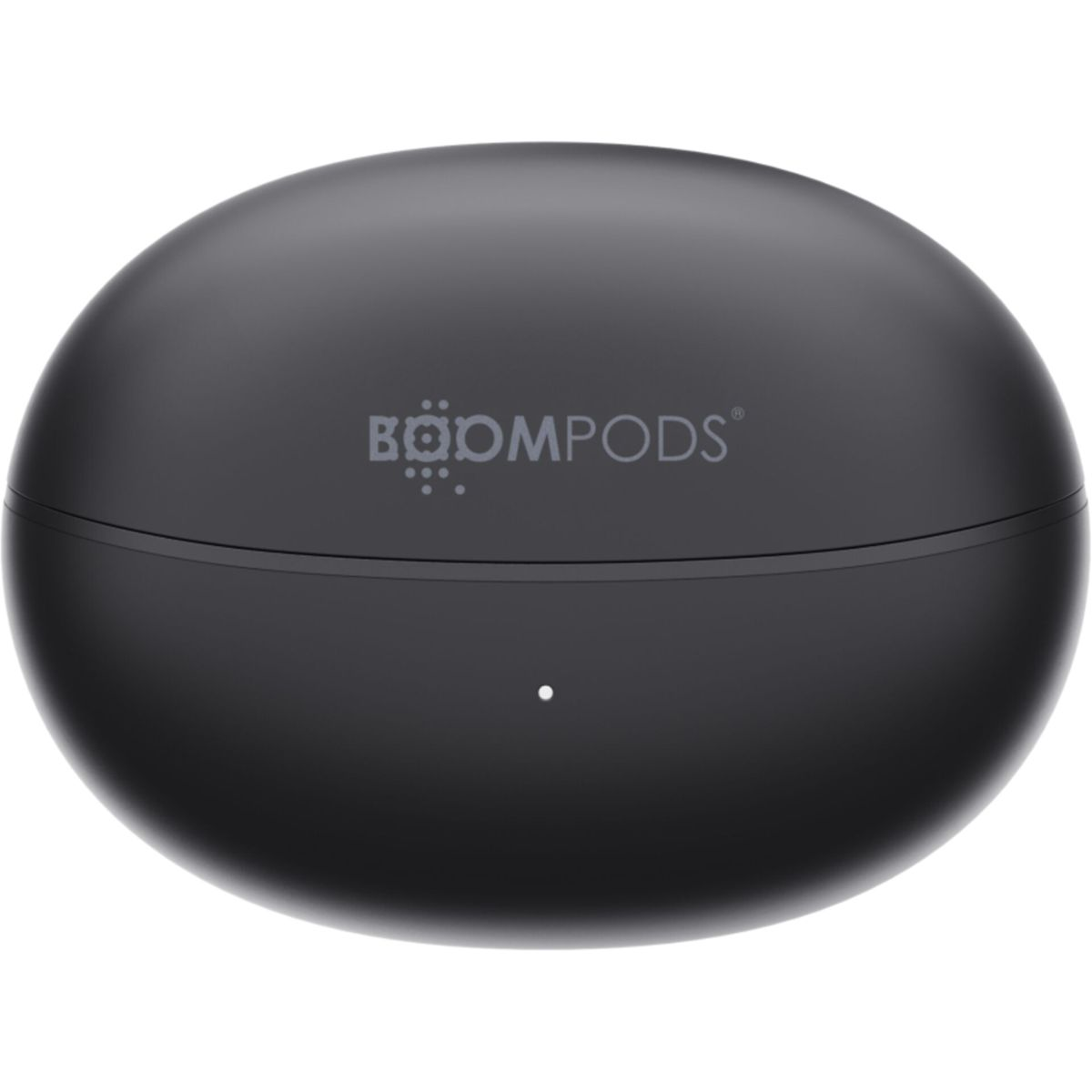 Geschlossenes schwarzes Ladeetui mit dem BoomPods-Logo und einem kleinen weißen Licht.