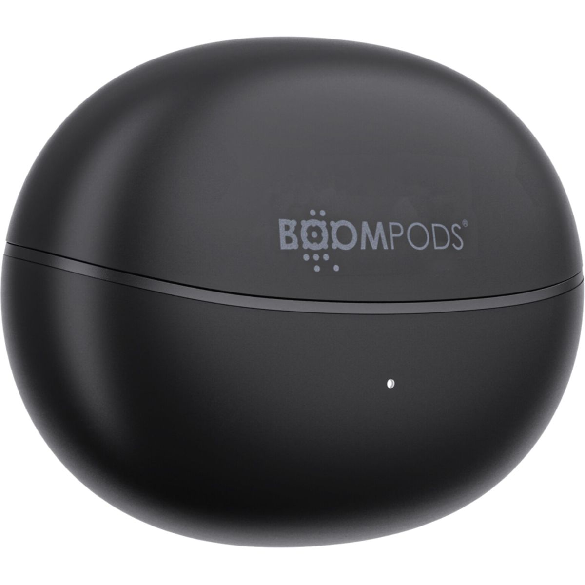 Schwarzes Ladecase mit BOOMPODS-Logo und kleinem weißen Licht.