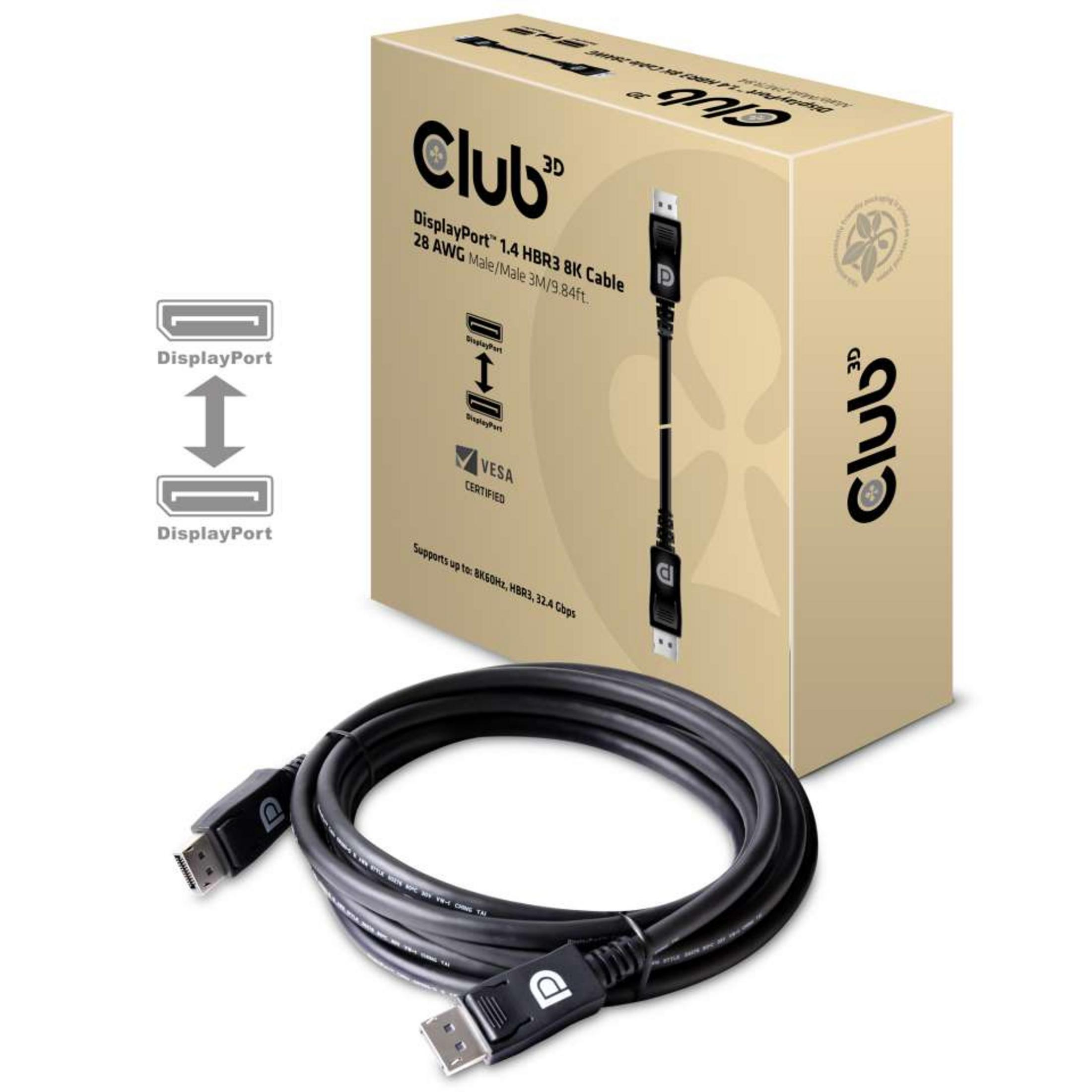 Un câble DisplayPort Club 3D noir avec une boîte en arrière-plan.