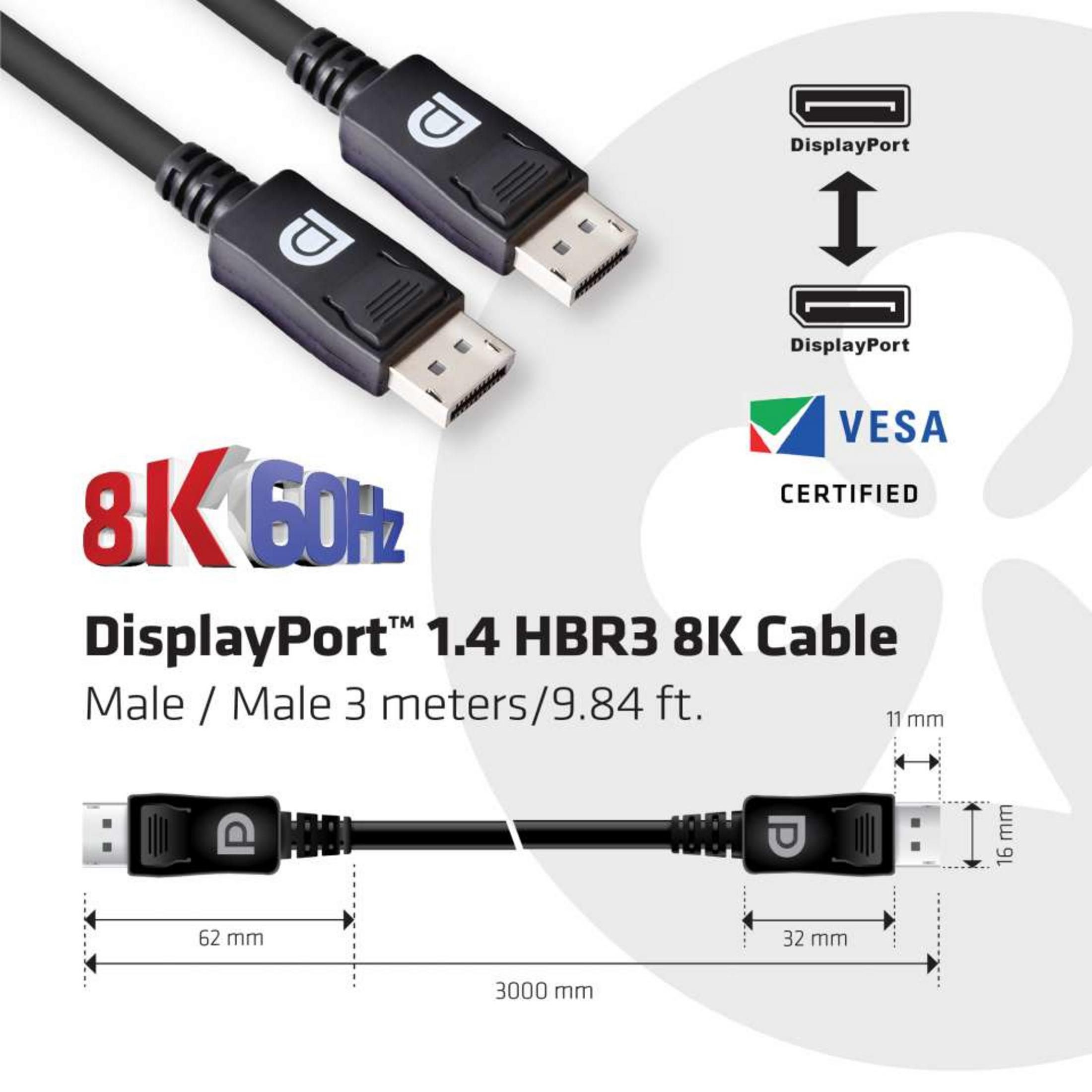 Câble DisplayPort 1.4 HBR3 8K, 3m, mâle/mâle, certifié VESA.