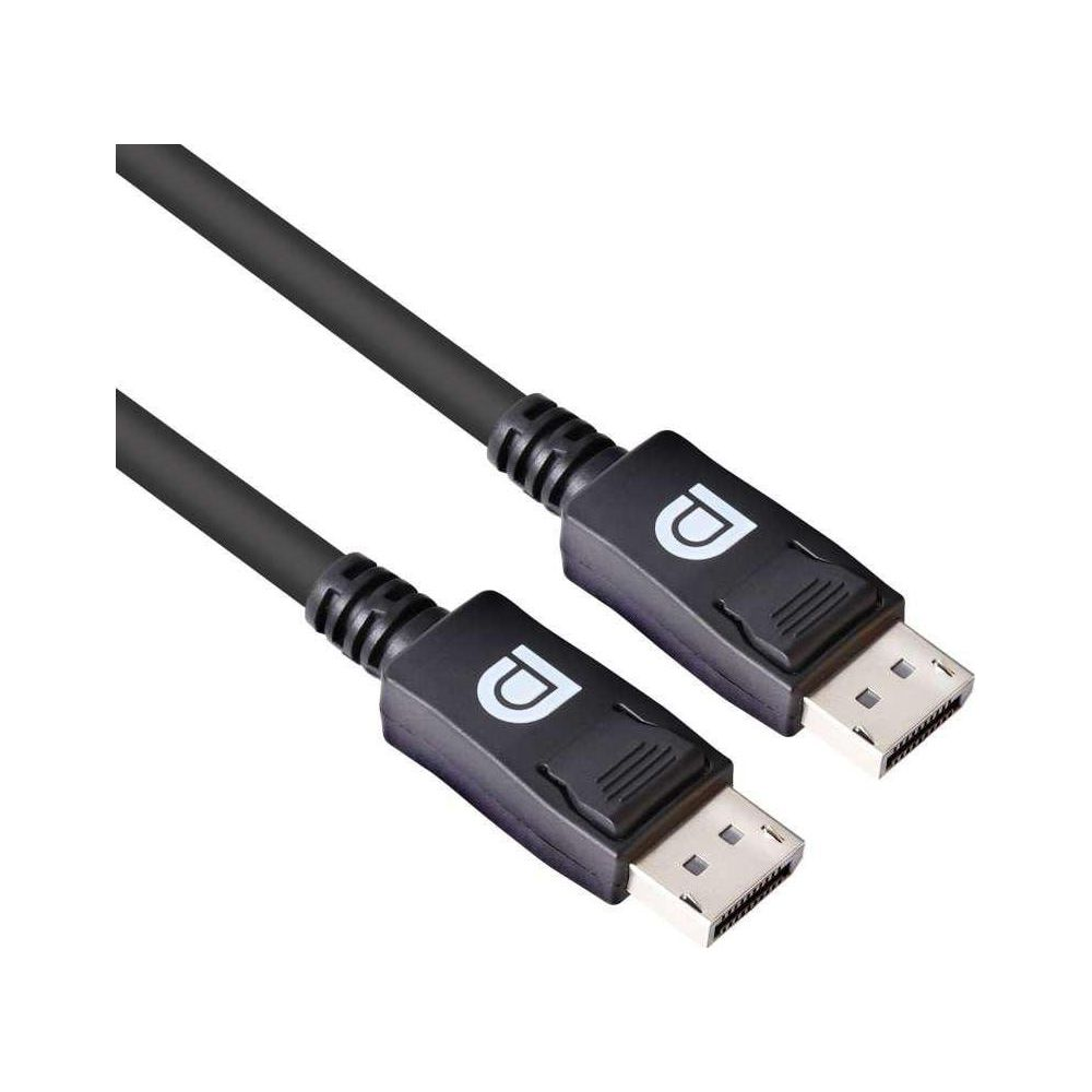 Câble noir avec deux connecteurs DisplayPort, chacun avec un logo.