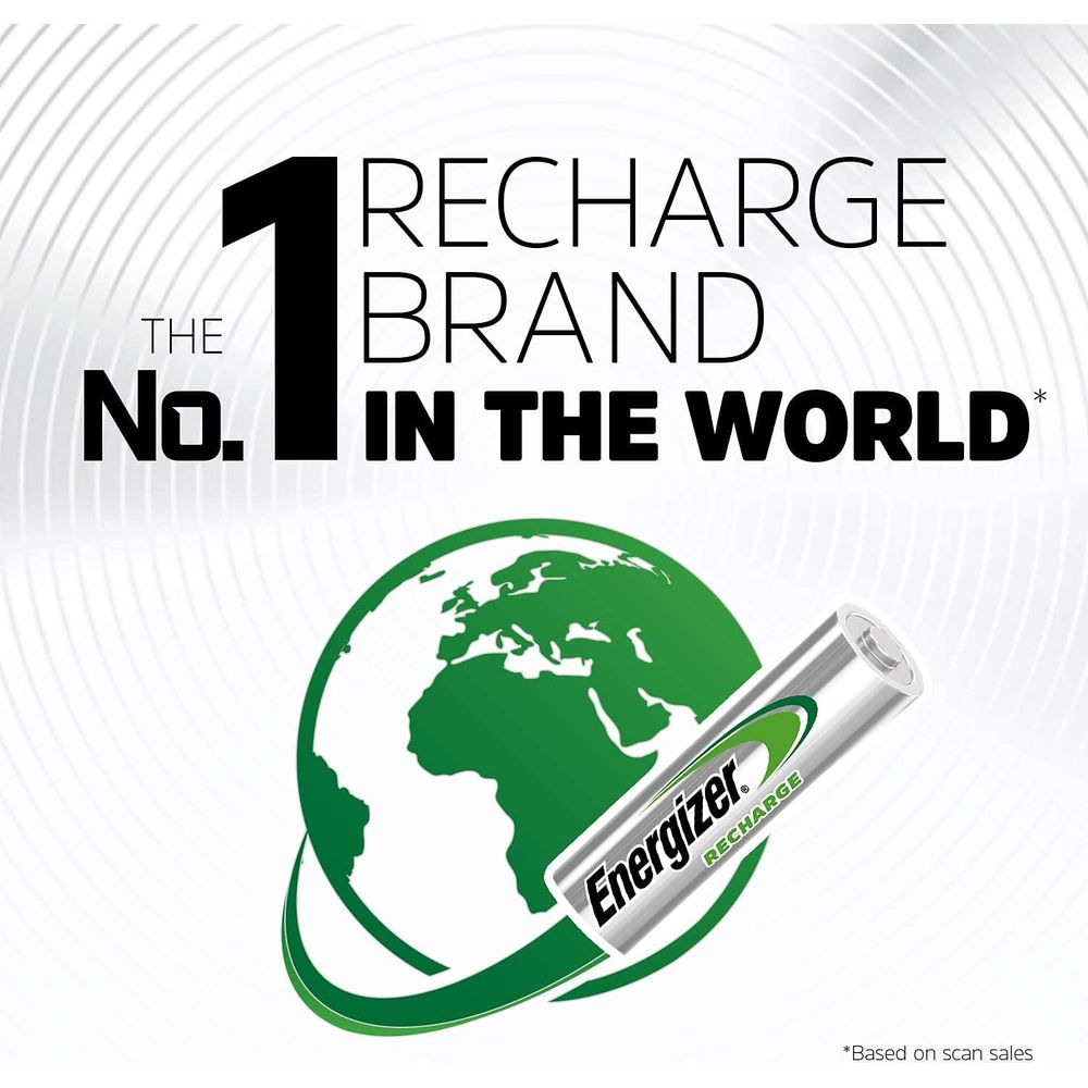Energizer Recharge: Marchio n. 1 al mondo, con una batteria davanti al globo.