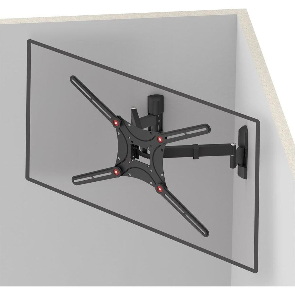 Support mural TV noir avec bras extensible sur un mur gris.