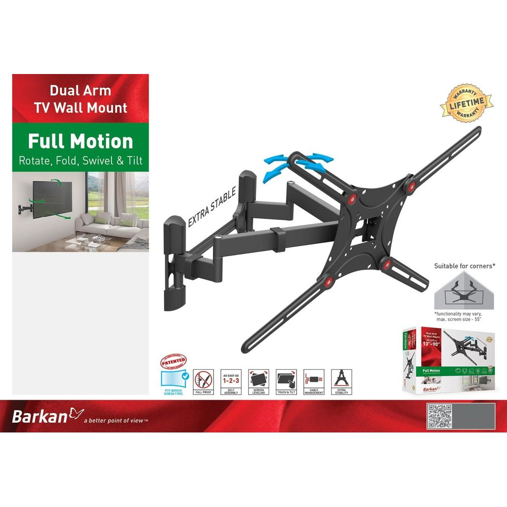Support mural TV double bras noir avec fonctions rotation, pliage, pivotement, inclinaison.