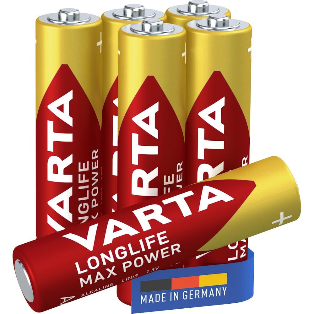 Fünf Varta Longlife Max Power Batterien, gelb und rot, eine liegt vorne.