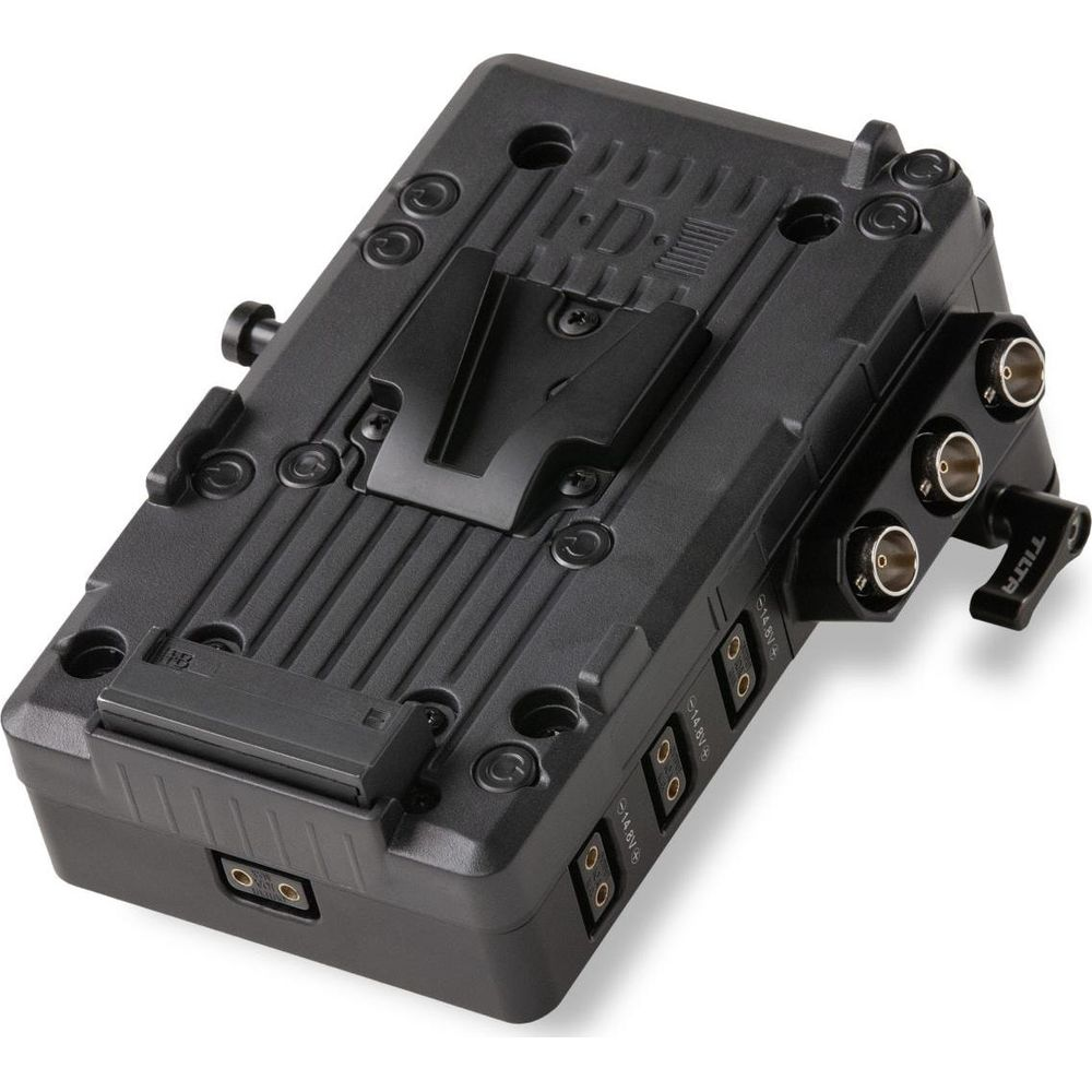 Adattatore batteria nero con porte e meccanismo di blocco.