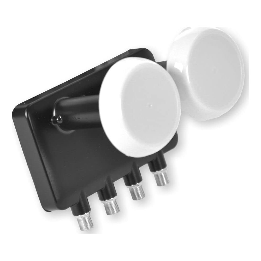 Ein schwarzes LNB mit zwei weißen Kappen und vier Anschlusskabeln.