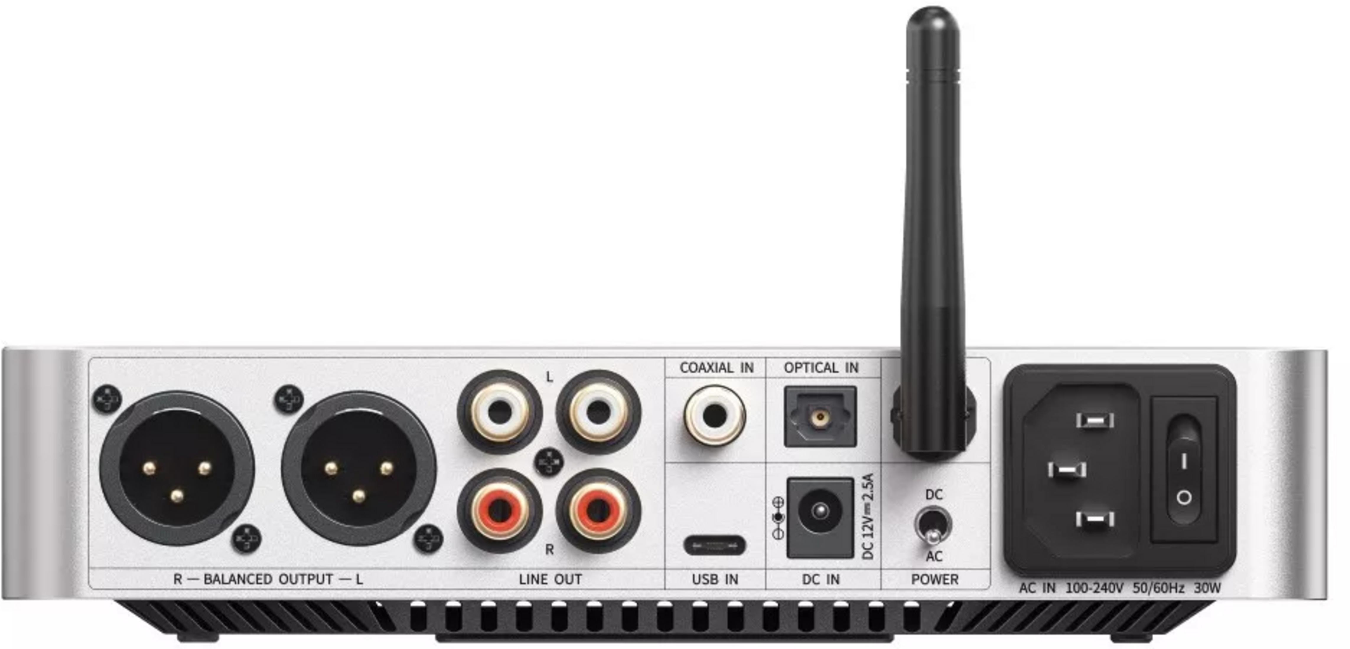 Tył srebrnego urządzenia audio z wejściami XLR, RCA, koncentrycznym, optycznym, USB, DC i wyłącznikiem.