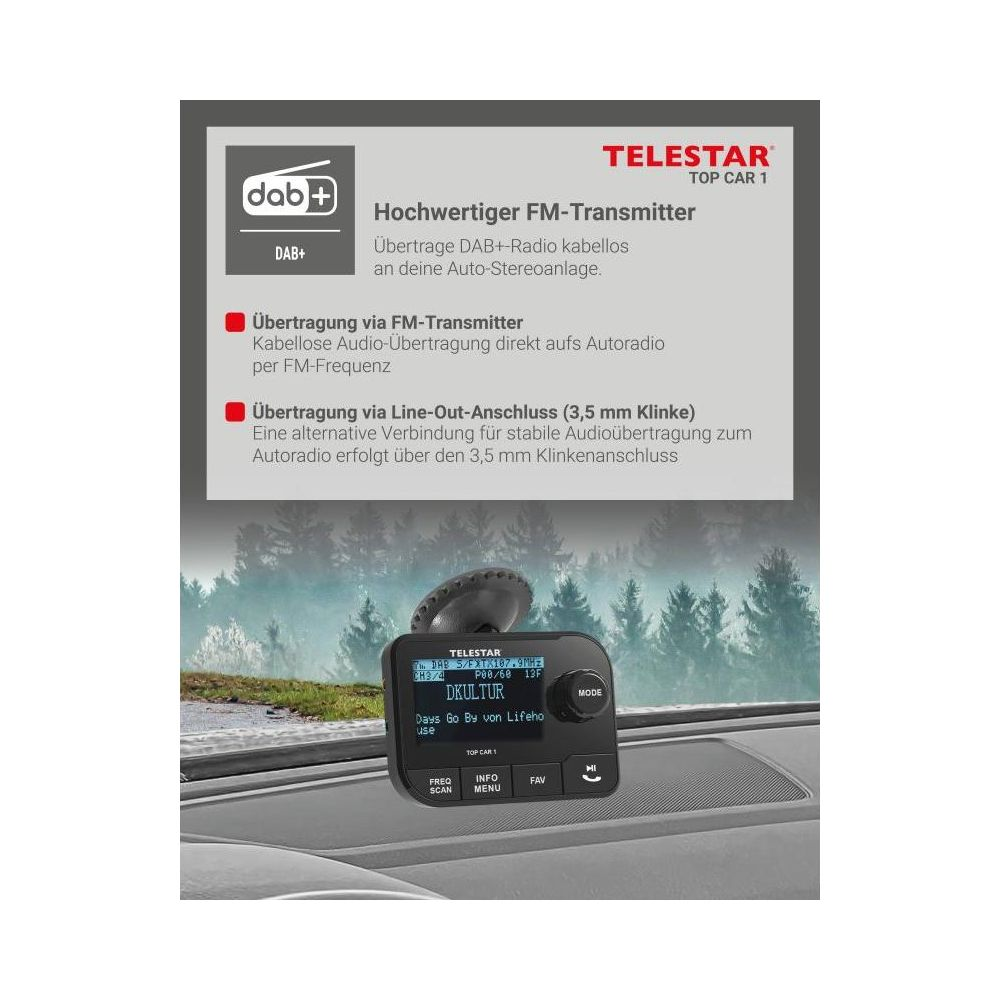 Ein DAB+ FM-Transmitter mit Bildschirm, in einem Auto montiert.