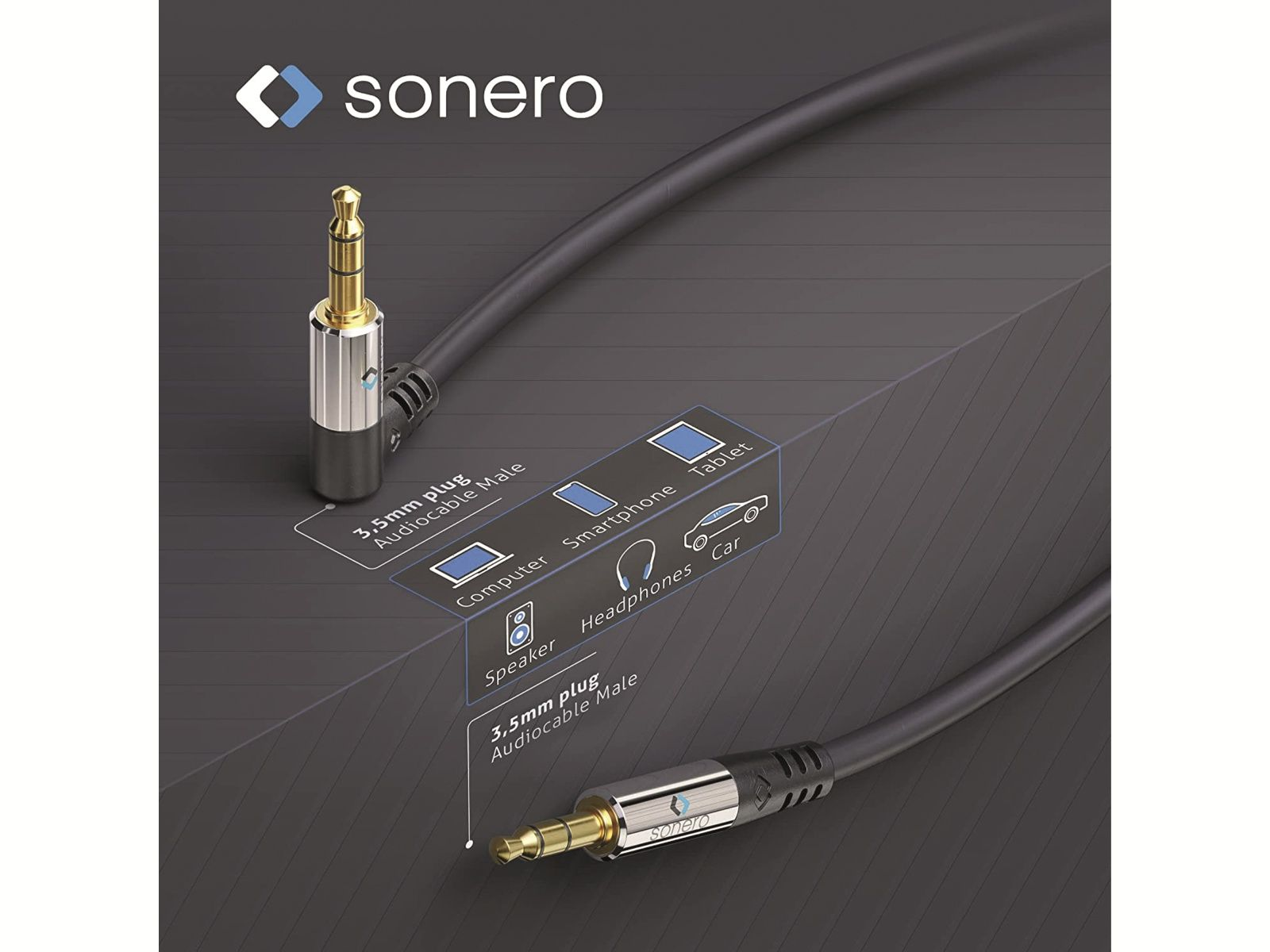 Un connecteur de câble audio 3,5 mm avec des icônes pour ordinateur, smartphone, tablette, haut-parleur, casque et voiture.