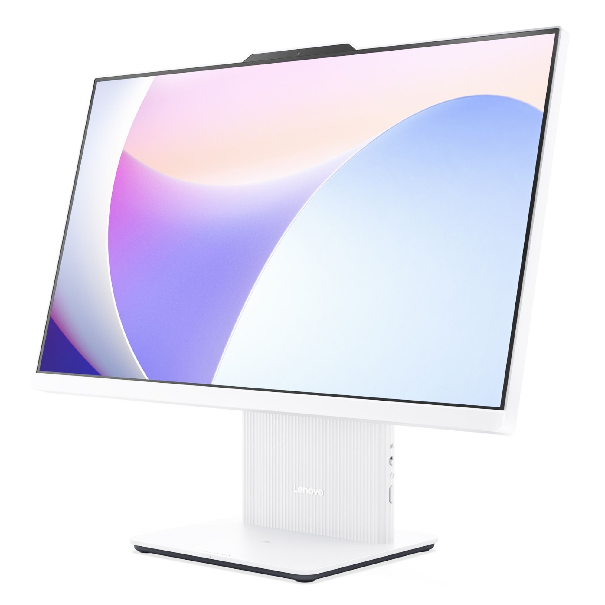Standında Lenovo logosu bulunan beyaz bir hepsi bir arada bilgisayar.