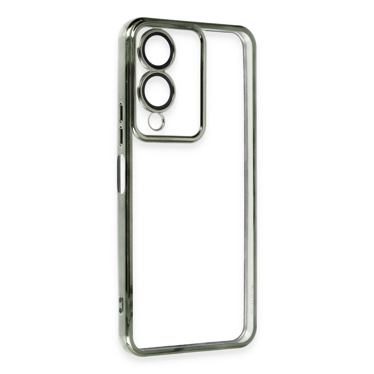 Gümüş çerçeveli ve kamera kesimli şeffaf telefon kılıfı.