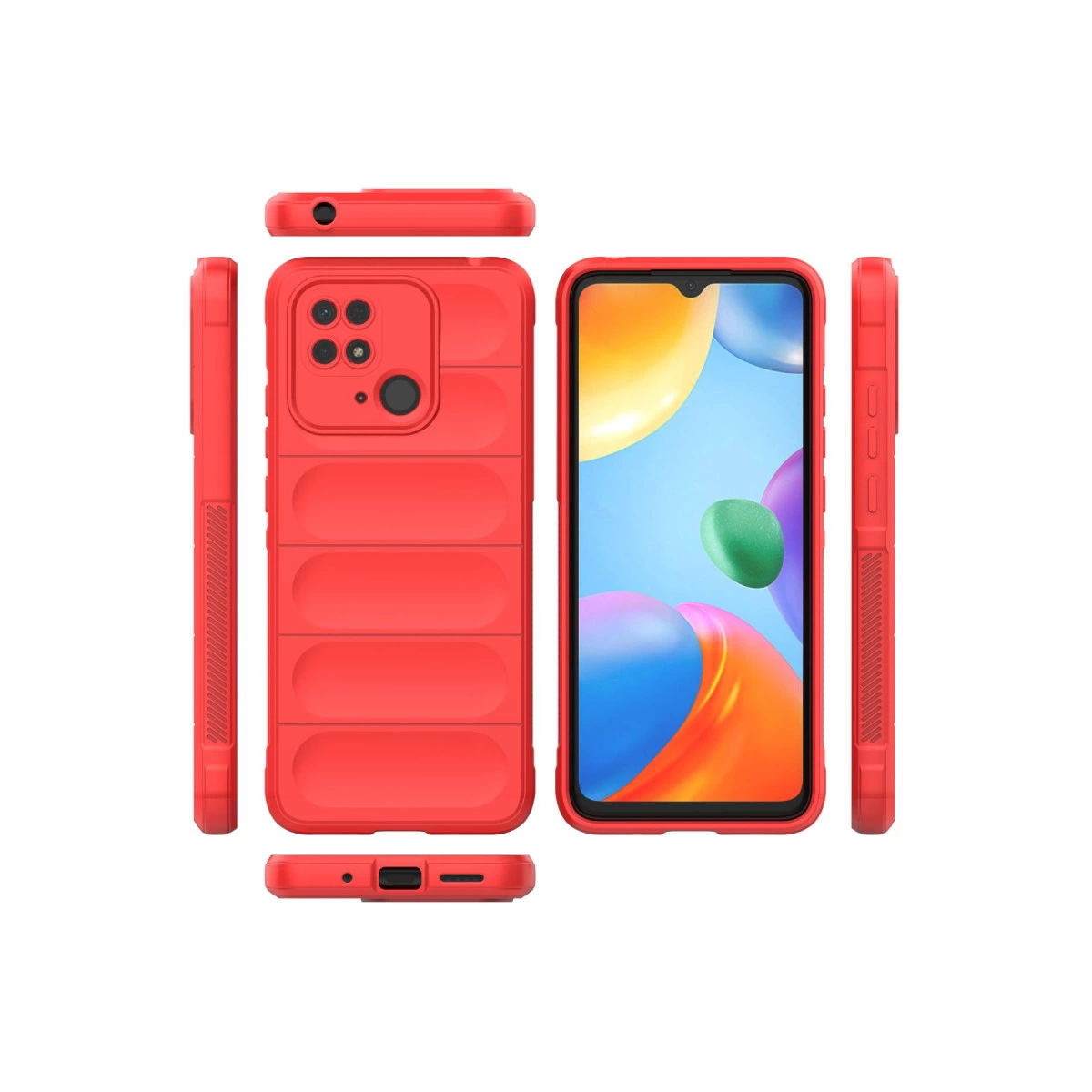 Kamera korumalı ve yatay oluklu kırmızı telefon kılıfı. Çoklu görünümler.