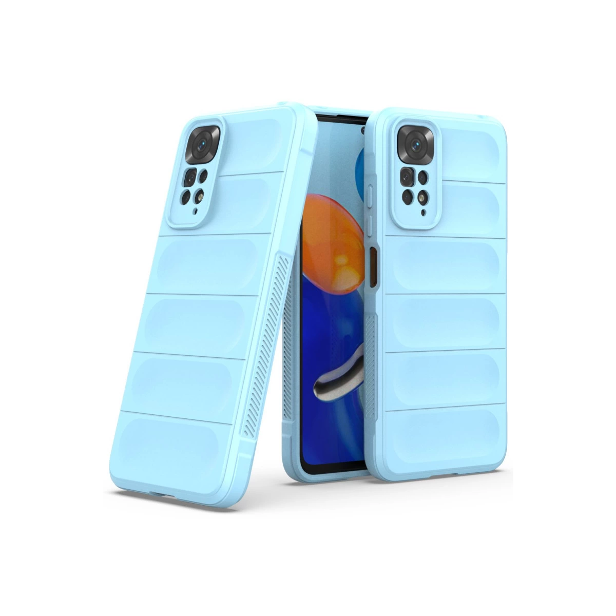 Yatay çıkıntılı iki açık mavi telefon kılıfı bir akıllı telefonun önünde duruyor.